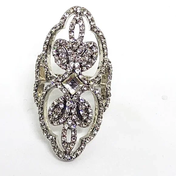 Victorian Style Pave White Rhinestone Dressy Silver Statement Cocktail Ring SZ 5 - Picture 8 of 10
